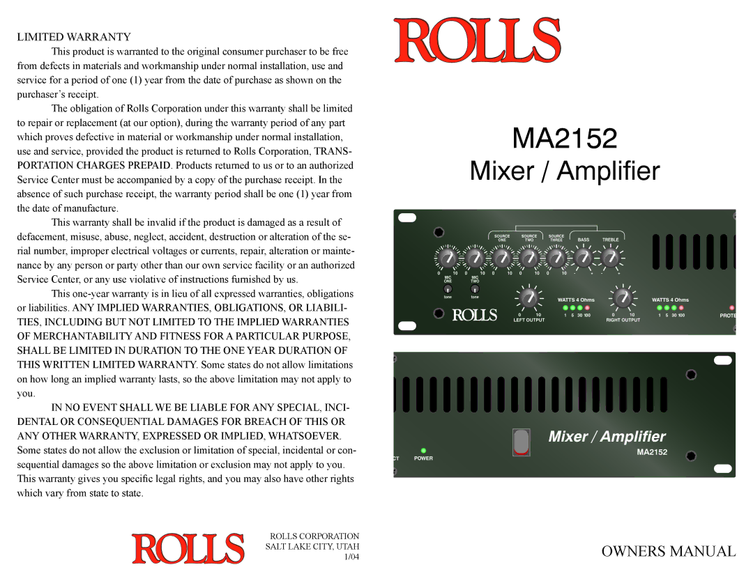 Rolls MA2152 owner manual 