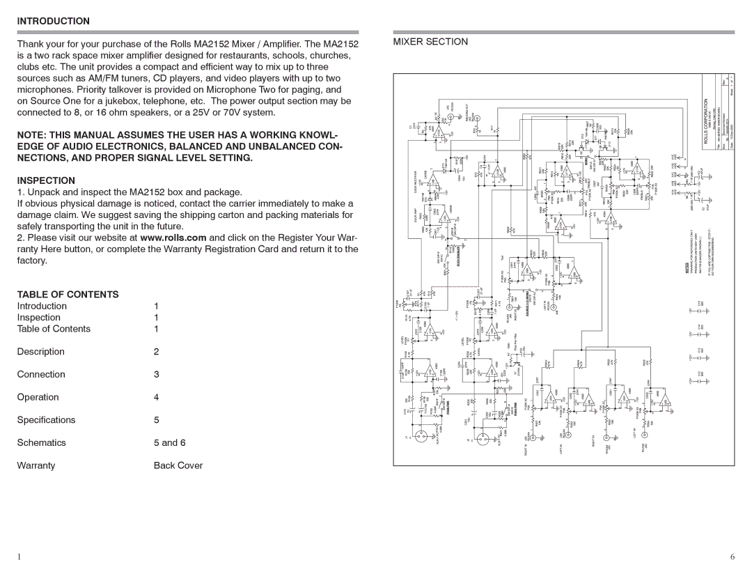 Rolls MA2152 owner manual Introduction, Inspection, Table of Contents 