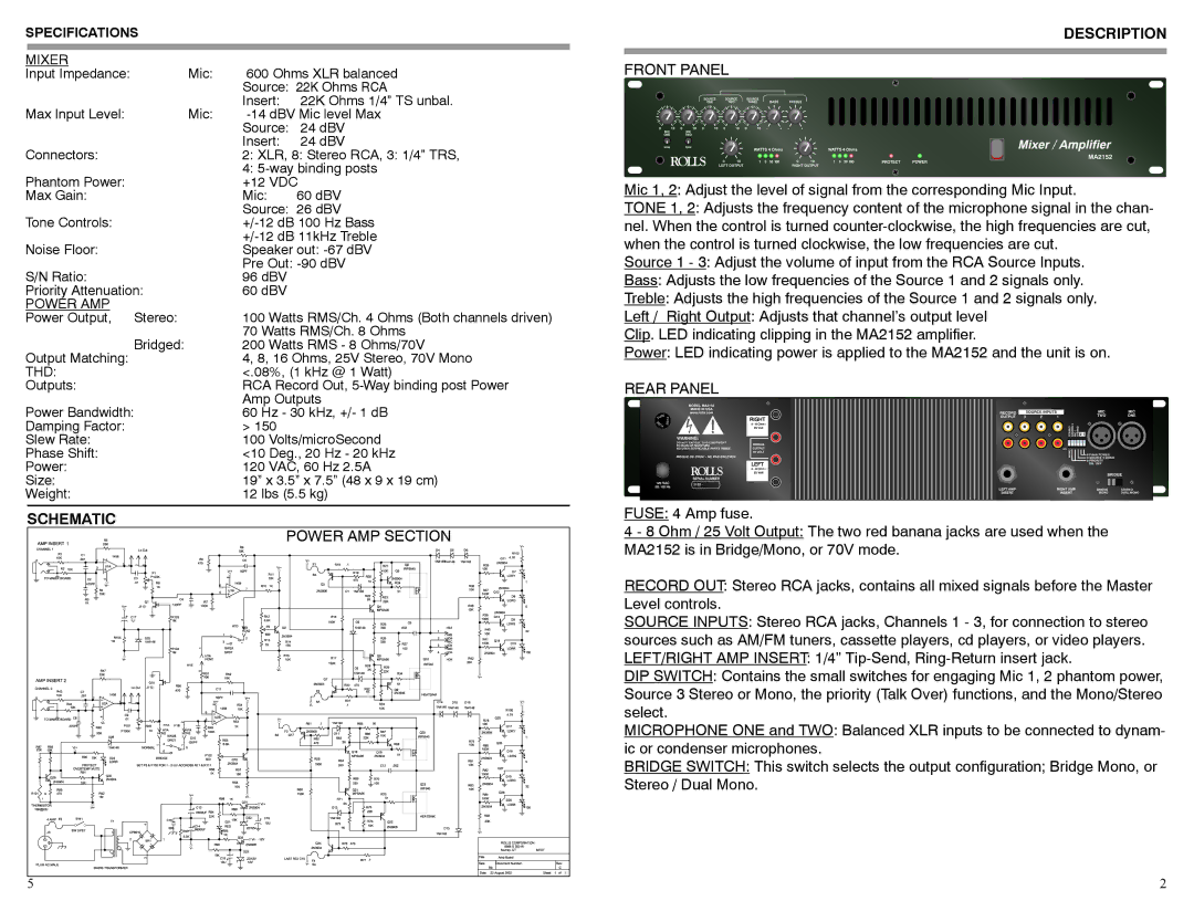 Rolls MA2152 owner manual Schematic, Power AMP Section, Description, Front Panel, Rear Panel 