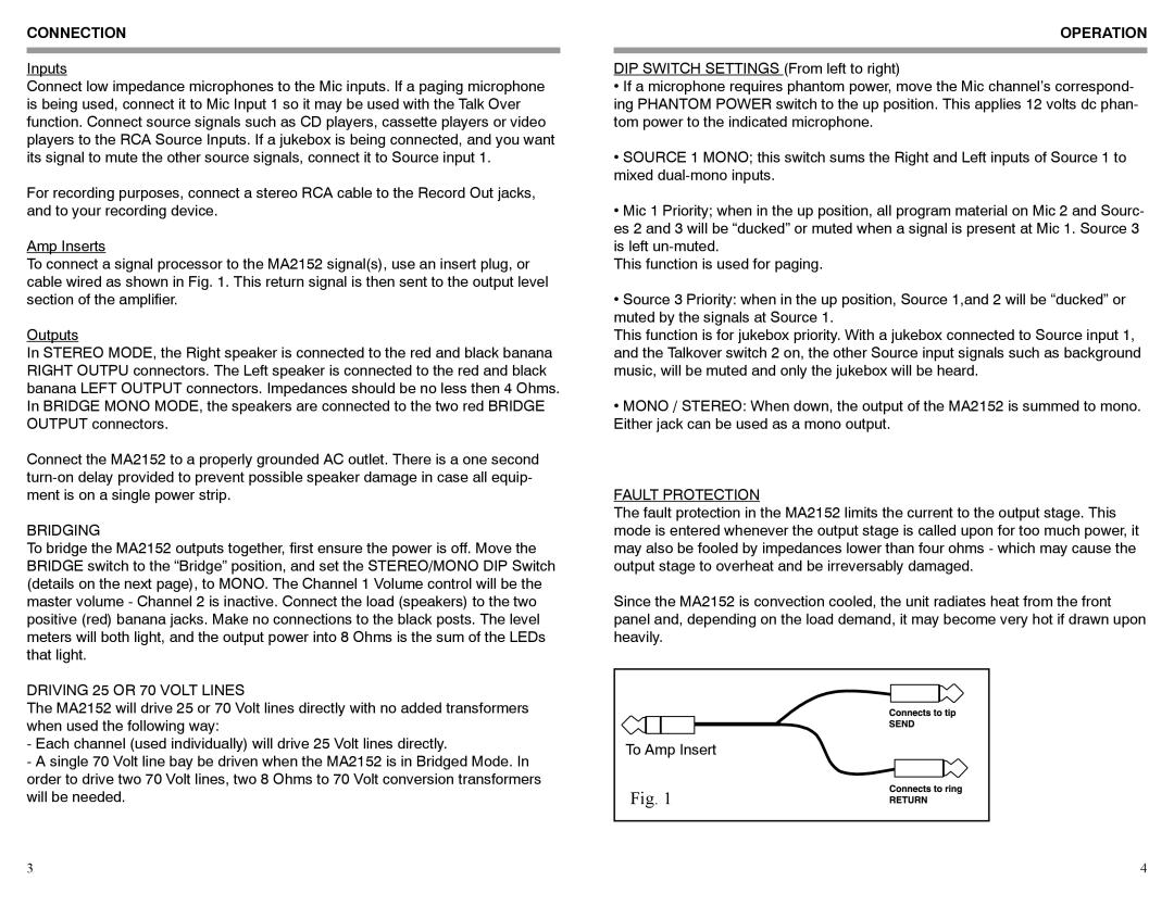 Rolls MA2152 owner manual Connection, Bridging, Driving 25 or 70 Volt Lines, Operation, Fault Protection 