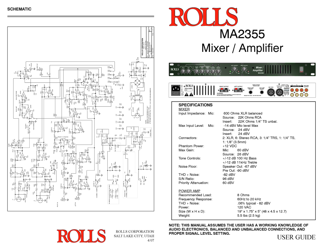 Rolls MA2355 specifications Level, U1B U1A, XLR F PC R101, SW1C SW DIP-6, Phan PWR, Duck Enables, U2B U2A, Xlr F Pc 