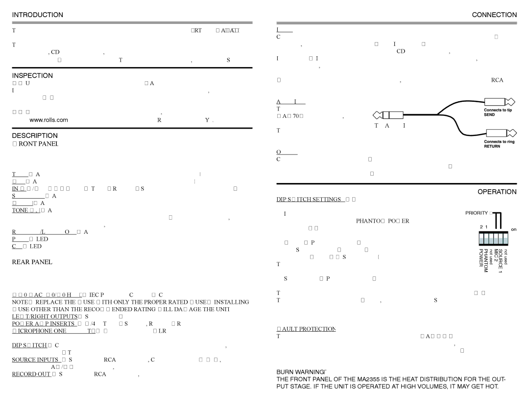 Rolls MA2355 specifications Introduction, Inspection, Description, Connection, Operation 