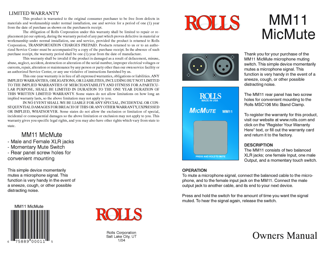 Rolls owner manual MM11 MicMute, Limited Warranty, Description, Operation 