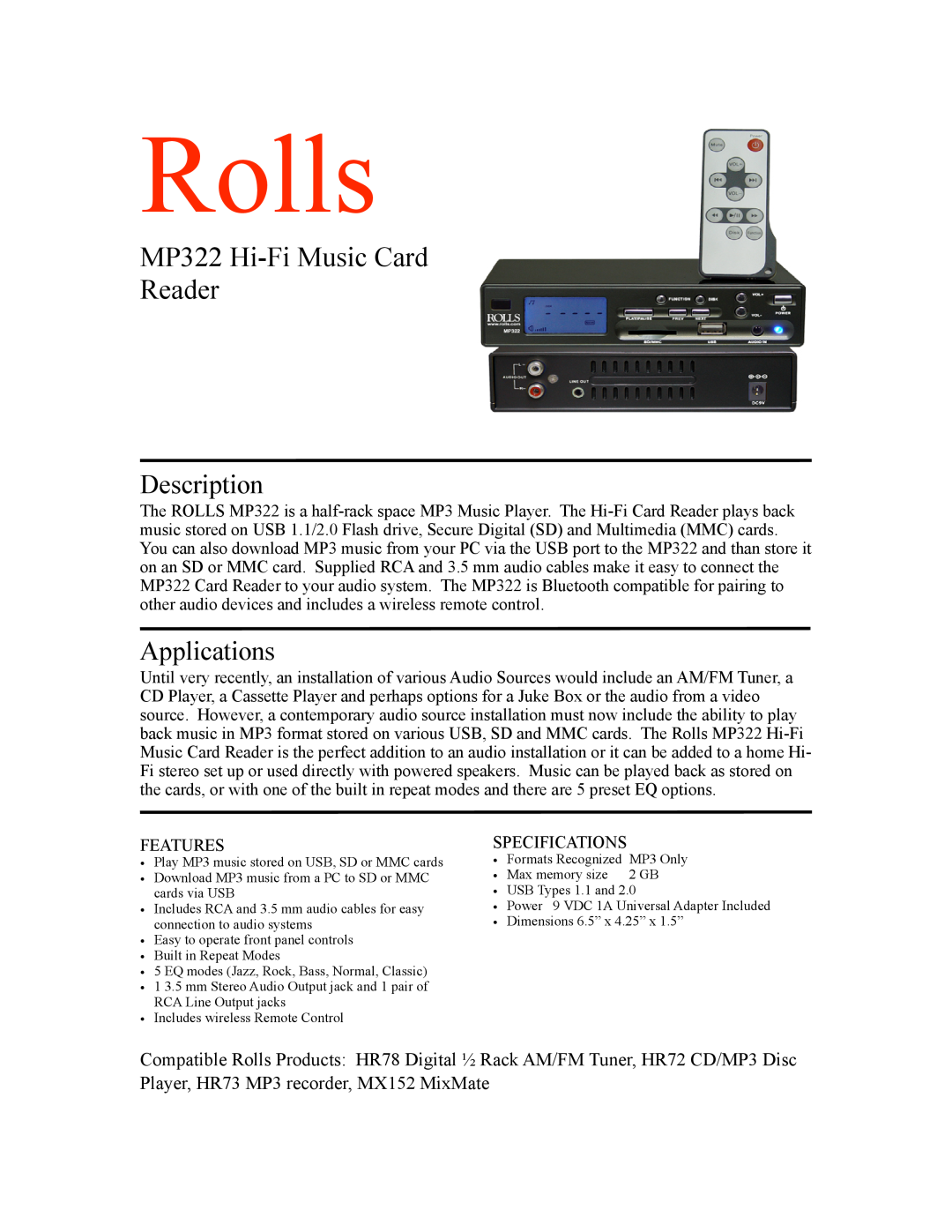 Rolls specifications Rolls, MP322 Hi-FiMusic Card Reader, Description, Applications 