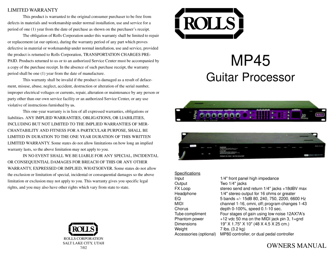 Rolls MP45 owner manual Limited Warranty, Midi 