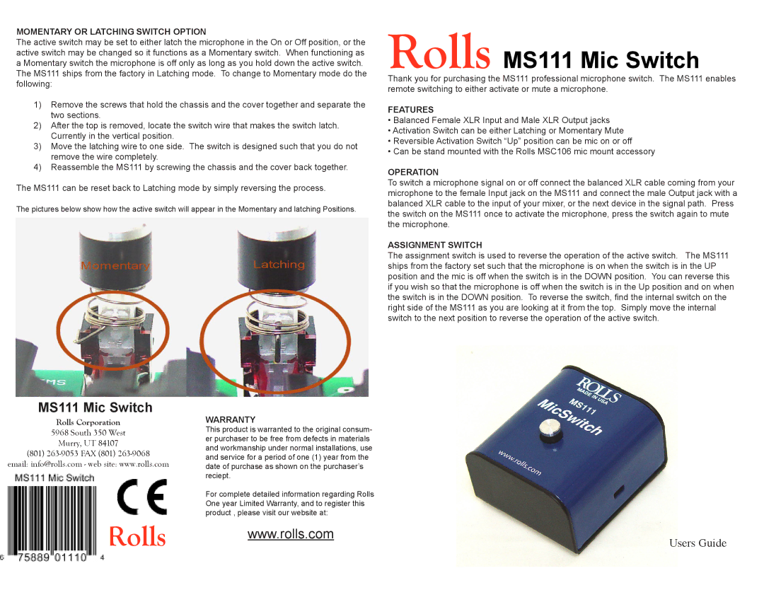 Rolls warranty Rolls MS111 Mic Switch, Rolls Corporation 