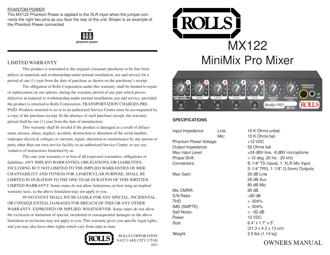 Rolls MX122 owner manual Phantom Power, Specifications, Thd, IMD Smpte 