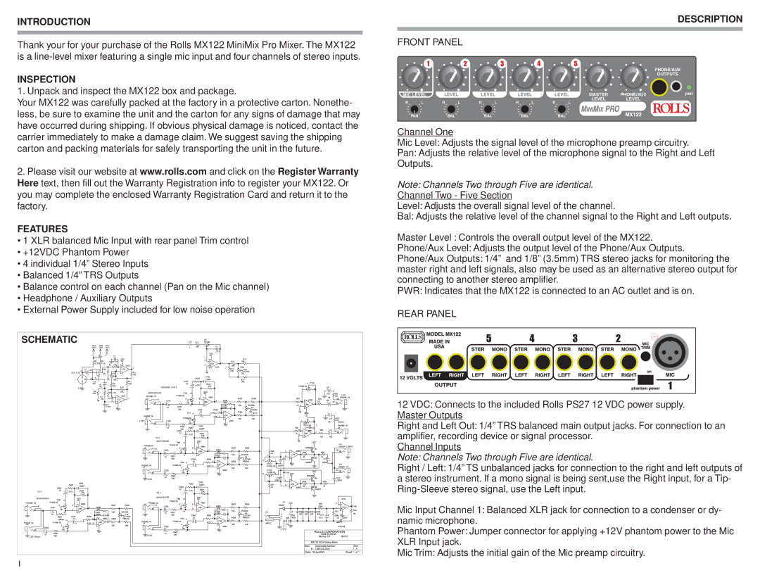 Rolls MX122 owner manual Introduction, Inspection, Features, Schematic, Description 