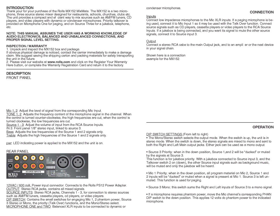 Rolls MX152 owner manual Introduction, Description, Connection, Operation 