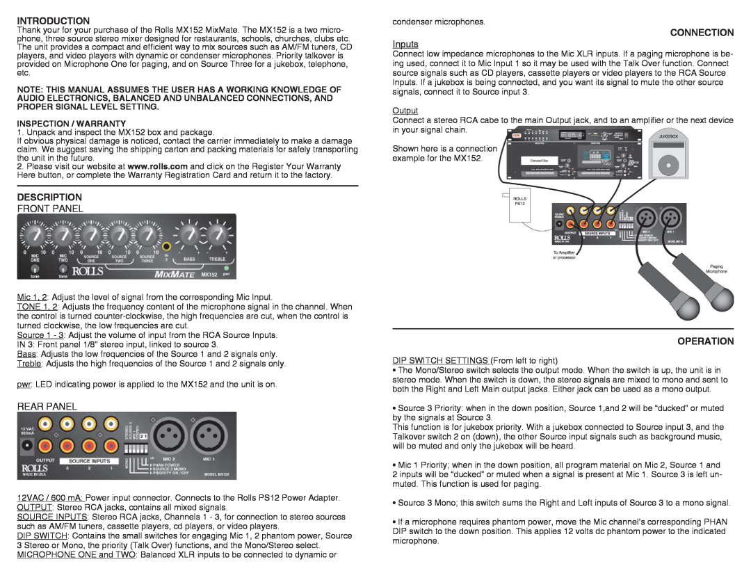 Rolls MX152 Introduction, Description, Connection, Operation, Front Panel, Rear Panel, Inputs, Inspection / Warranty 