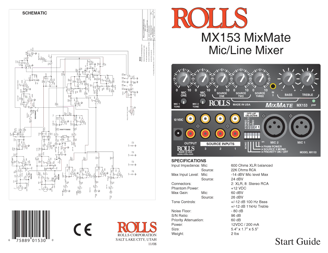 Rolls MX153 specifications Schematic, Specifications 