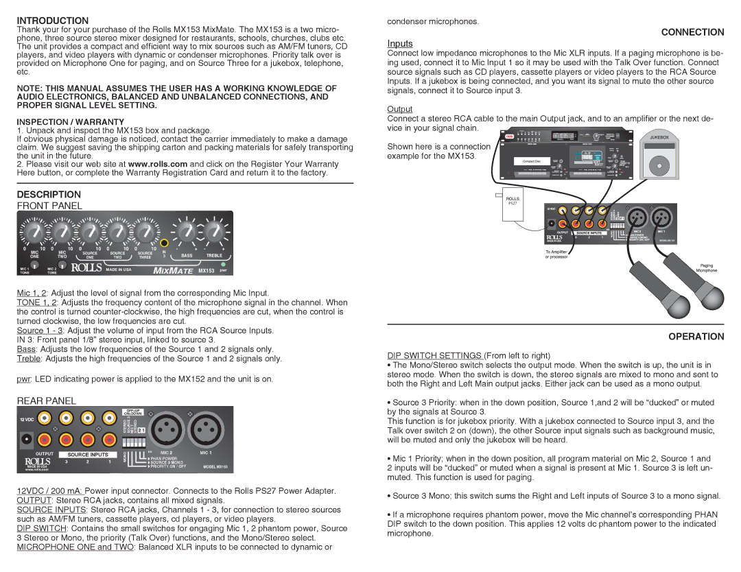 Rolls MX153 specifications Introduction, Description, Connection, Operation 