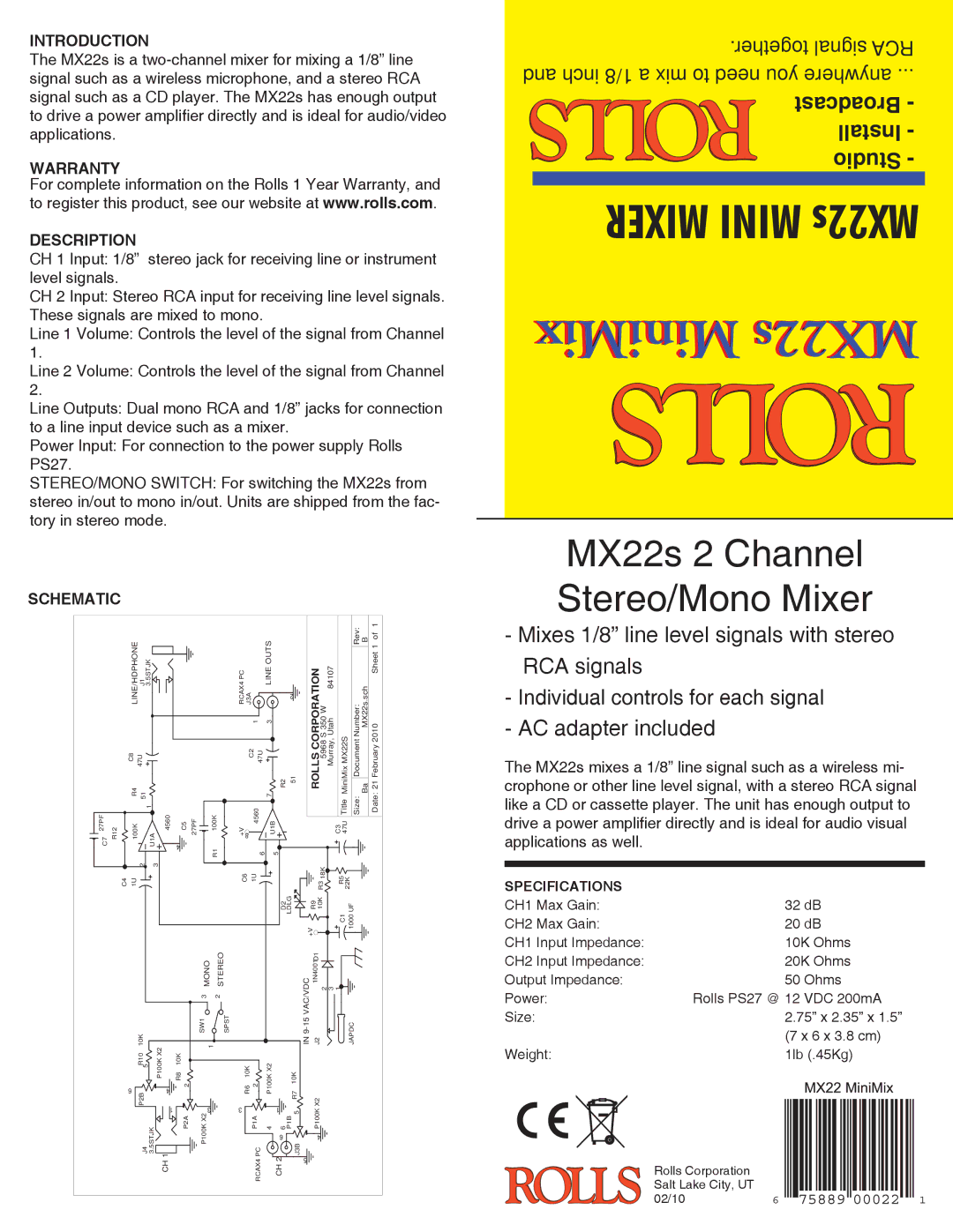 Rolls specifications MiniMix MX22s, MX22s 2 Channel Stereo/Mono Mixer, Introduction, Warranty Description, Schematic 