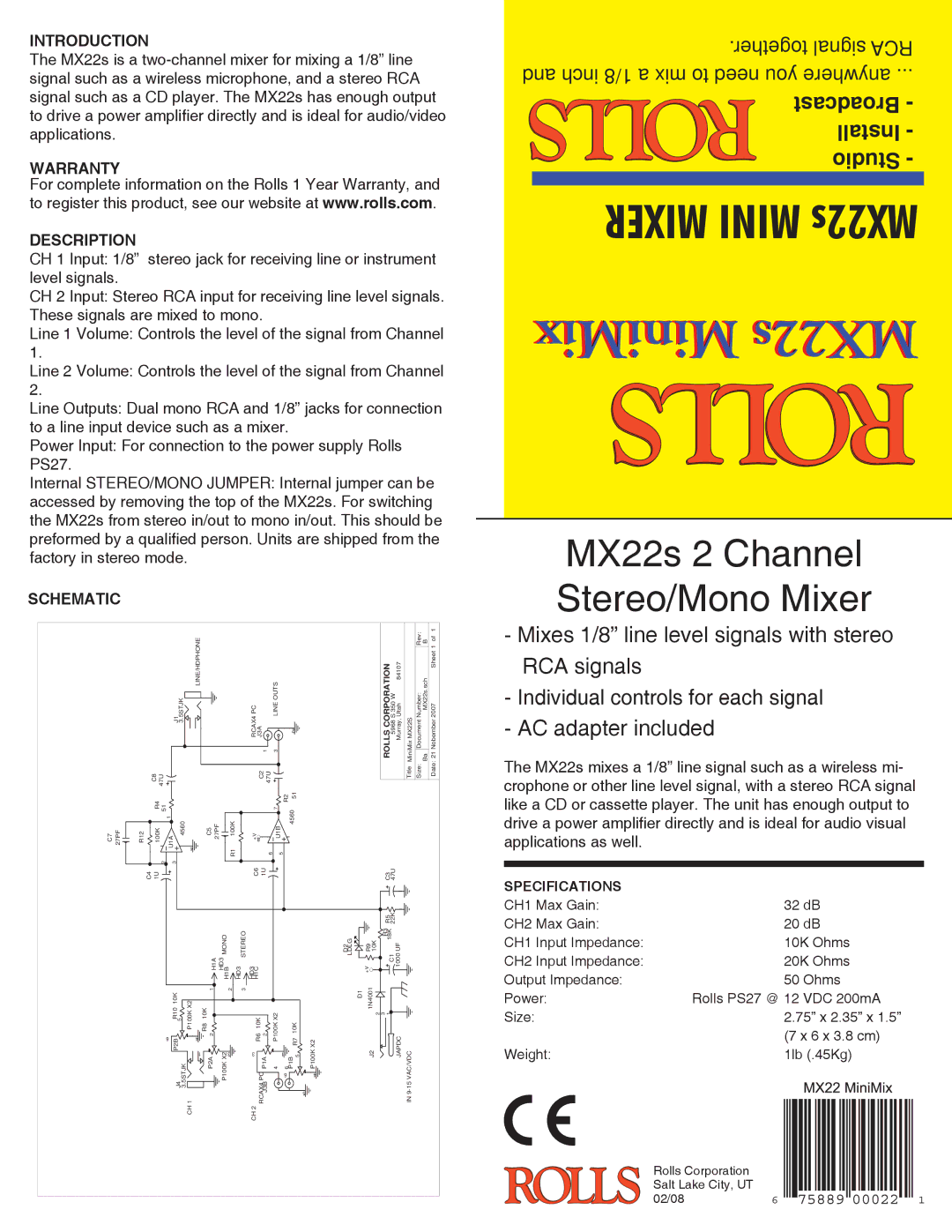 Rolls specifications MiniMix MX22s, MX22s 2 Channel Stereo/Mono Mixer, Introduction, Warranty Description, Schematic 