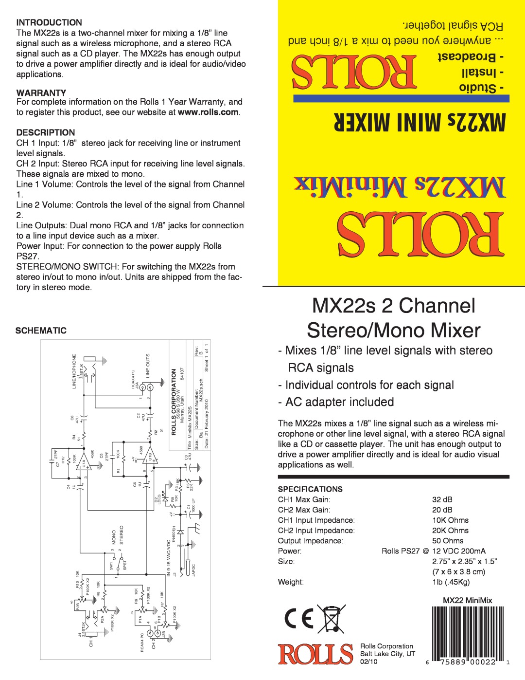 Rolls specifications MiniMix MX22s, MIXER MINI MX22s, MX22s 2 Channel Stereo/Mono Mixer, Introduction, Warranty 