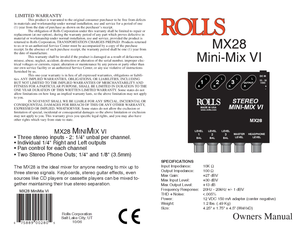 Rolls MX28 owner manual Limited Warranty, Specifications 