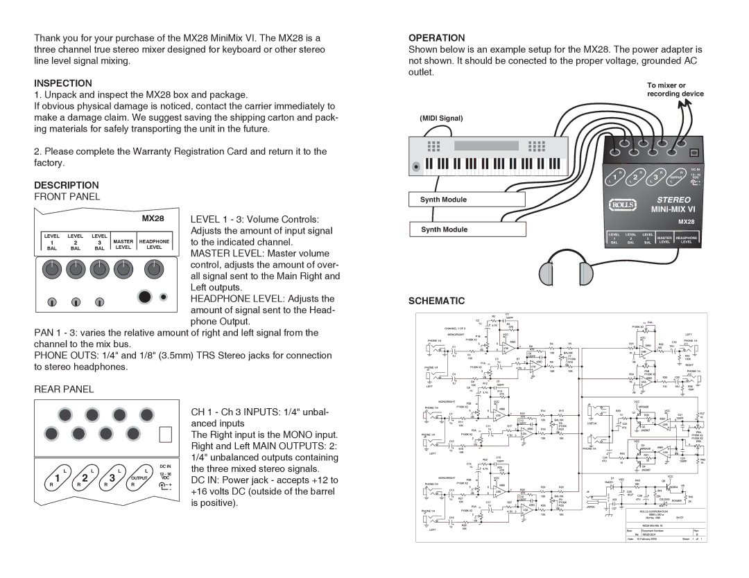 Rolls MX28 owner manual Operation, Inspection, Description, Front Panel, Rear Panel 