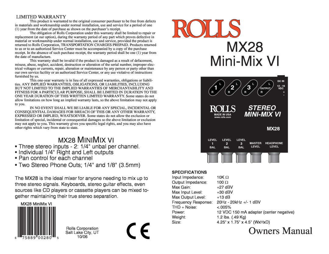 Rolls owner manual Specifications, MX28 Mini-Mix, Owners Manual, MX28 MINIMIX, Stereo, Limited Warranty 