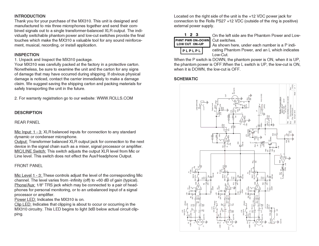 Rolls MX310 quick start Introduction, Inspection, Description, Schematic 