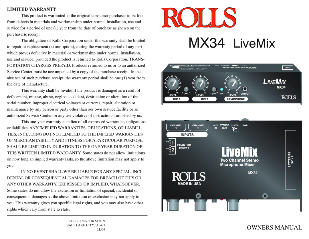 Rolls owner manual MX34 LiveMix 