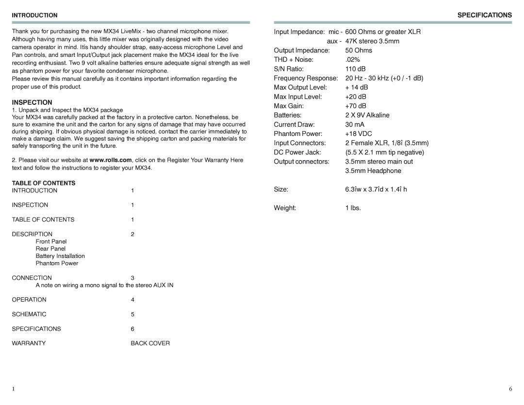 Rolls MX34 owner manual Inspection, Specifications 