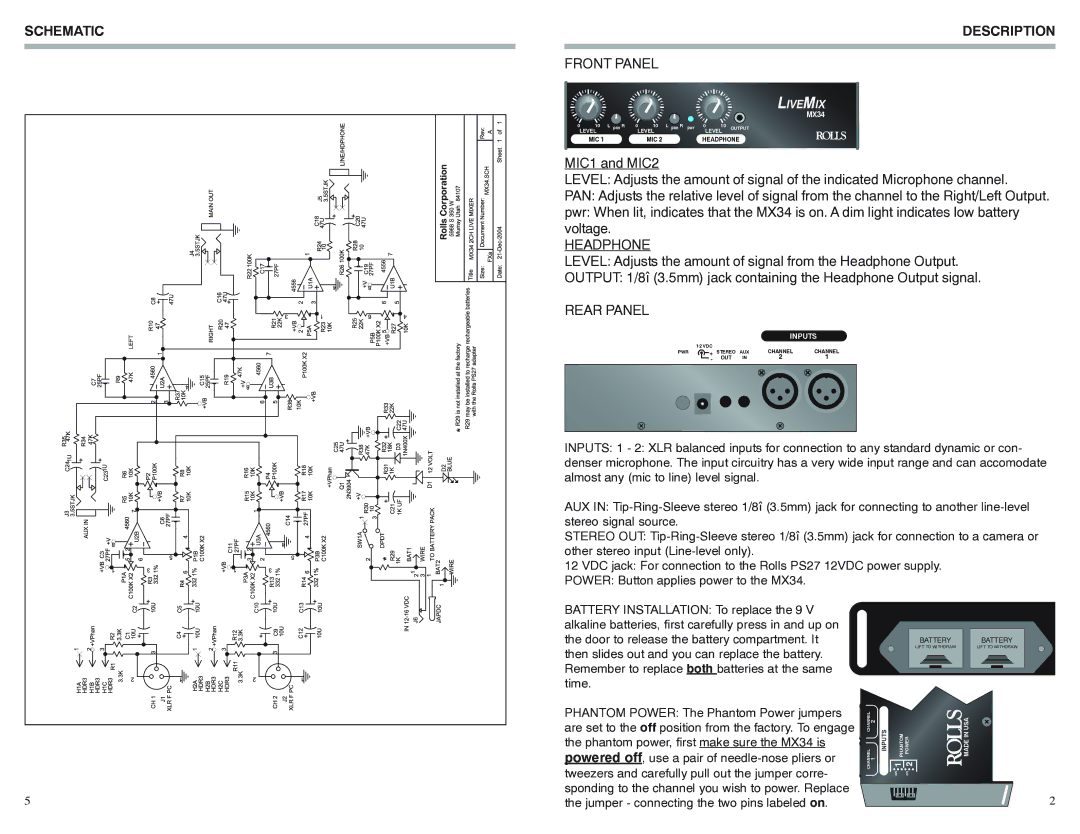 Rolls MX34 owner manual Schematic, Description 