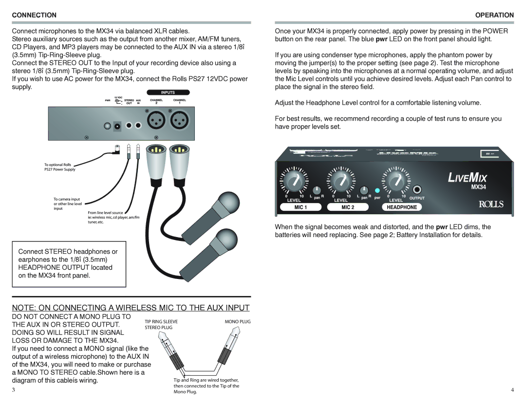 Rolls MX34 owner manual Connection, Operation 