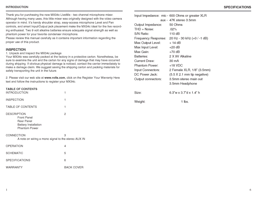 Rolls MX34c warranty Inspection, Specifications 