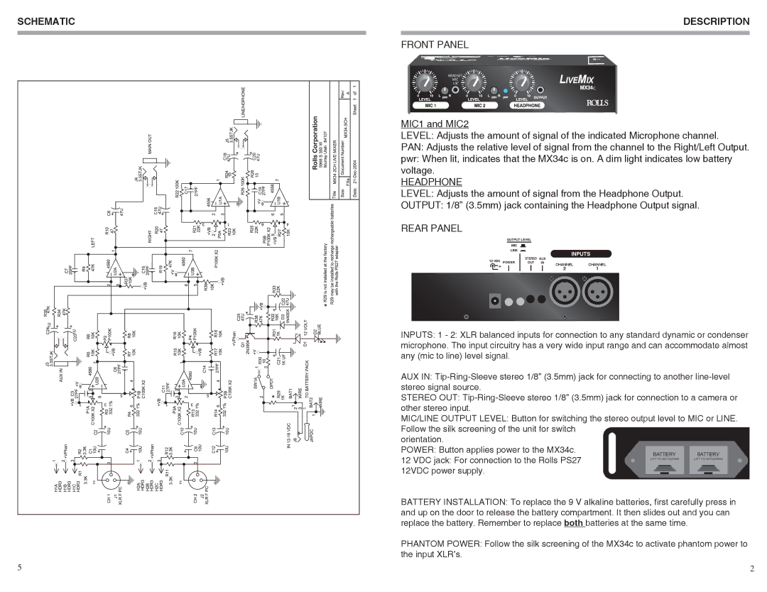 Rolls MX34c warranty Schematic, Description 