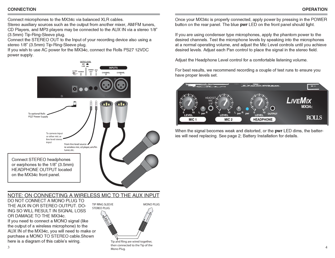 Rolls MX34c warranty Connection, Operation 