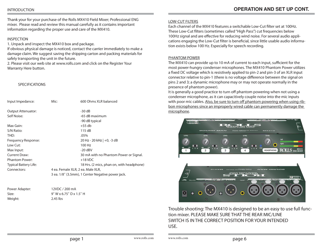 Rolls mx410 quick start Introduction, Inspection, Specifications, LOW-CUT Filters, Phantom Power 