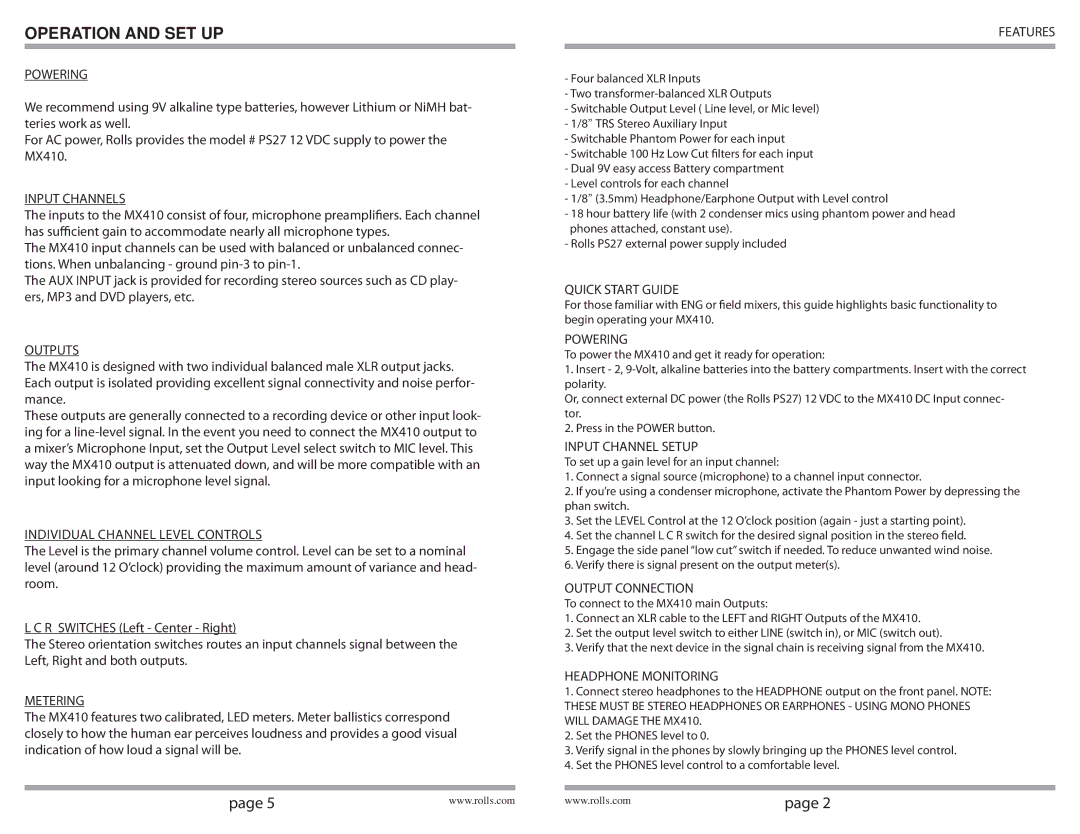 Rolls mx410 Powering, Input Channels, Outputs, Individual Channel Level Controls, Metering, Features, Quick Start Guide 