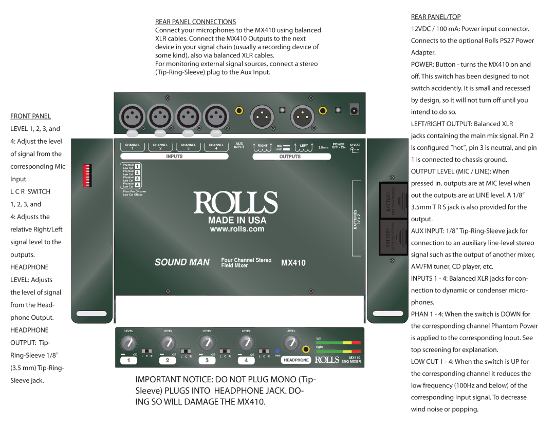 Rolls mx410 quick start Front Panel, Rear Panel Connections, Rear PANEL/TOP 