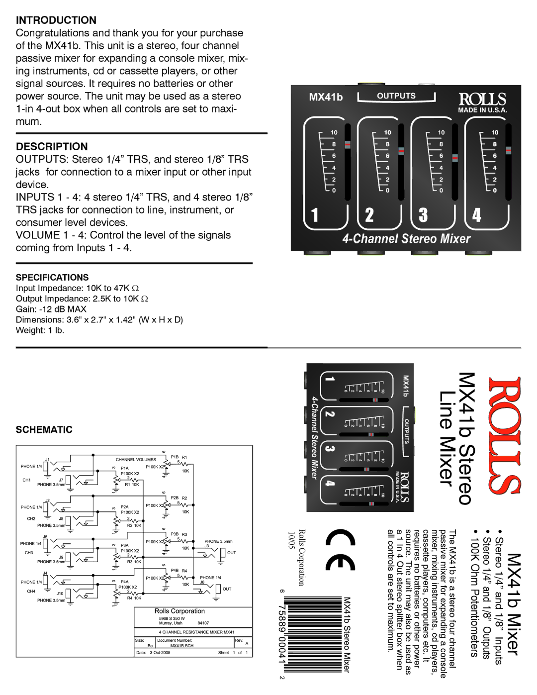 Rolls MX41b specifications Introduction, Description, Schematic, Specifications 