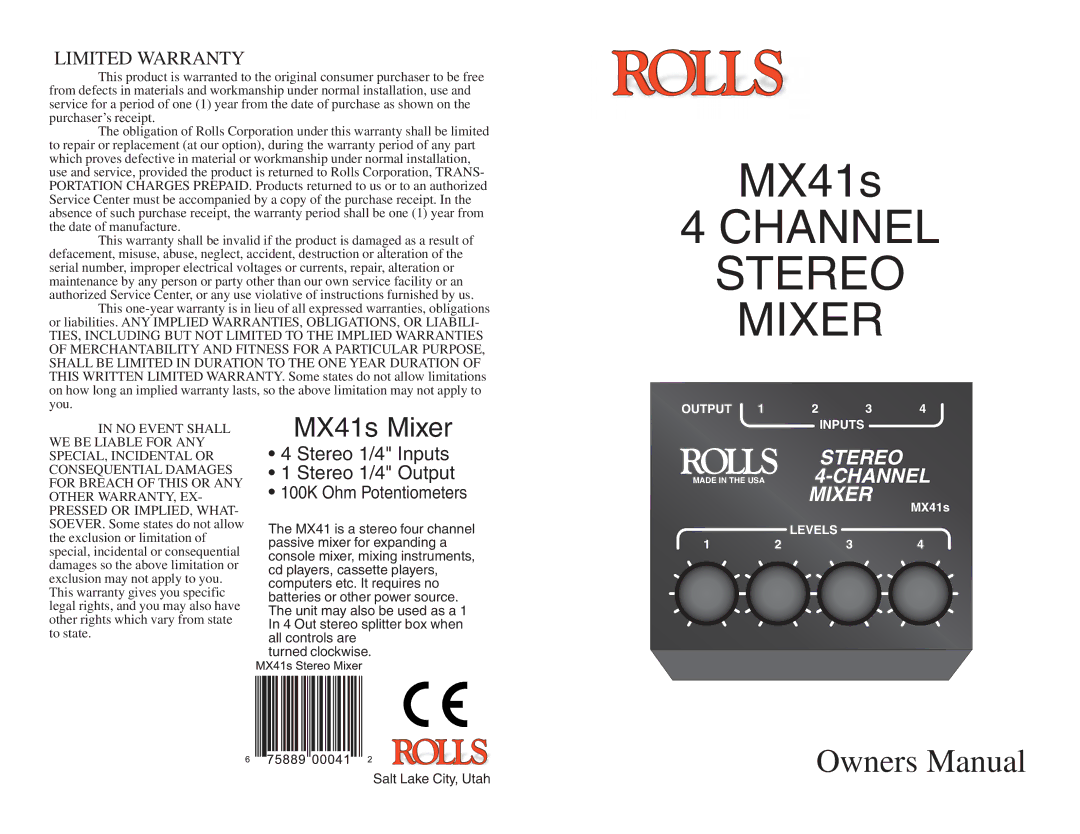 Rolls MX41S owner manual Channel Stereo Mixer, MX41s Mixer 