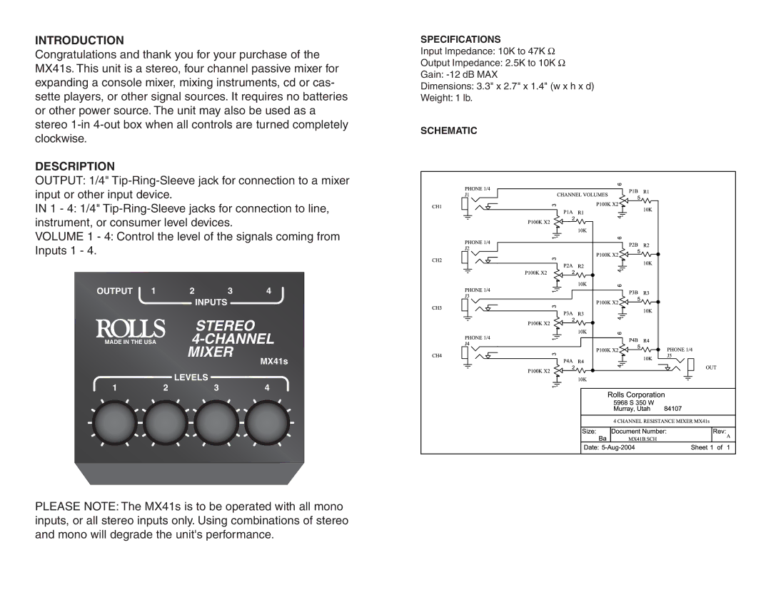 Rolls MX41S owner manual Introduction, Description, Specifications, Schematic 