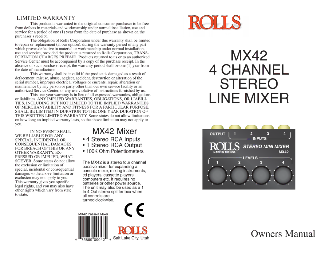 Rolls owner manual Channel Stereo Line Mixer, MX42 Mixer, Limited Warranty, Stereo RCA Inputs Stereo RCA Output 