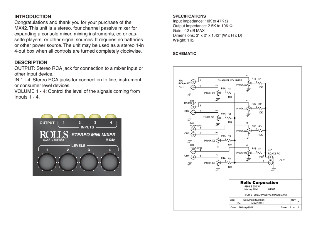 Rolls MX42 owner manual Introduction, Description, Specifications, Schematic 