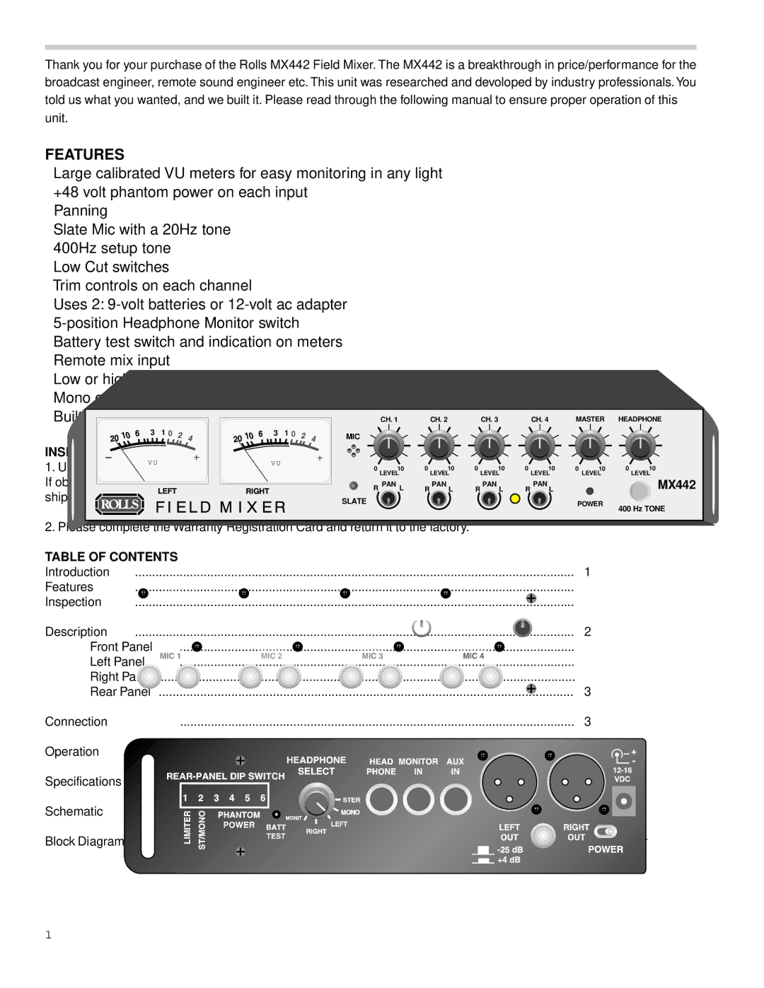 Rolls MX442 owner manual Inspection, Table of Contents 