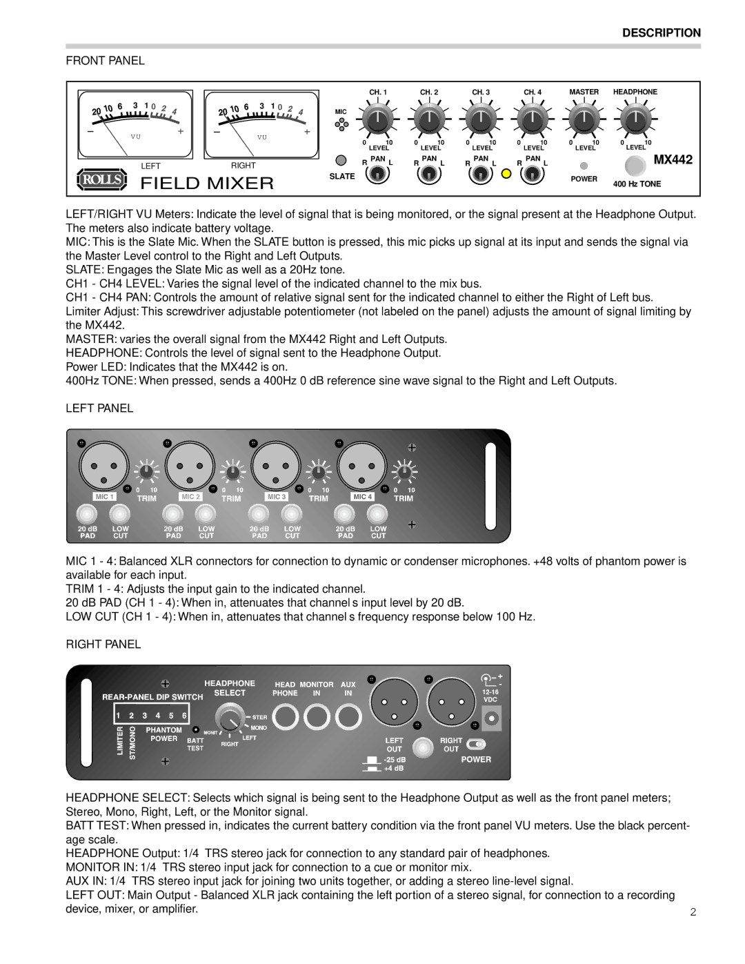 Rolls MX442 owner manual Description, Front Panel, Left Panel, Right Panel 