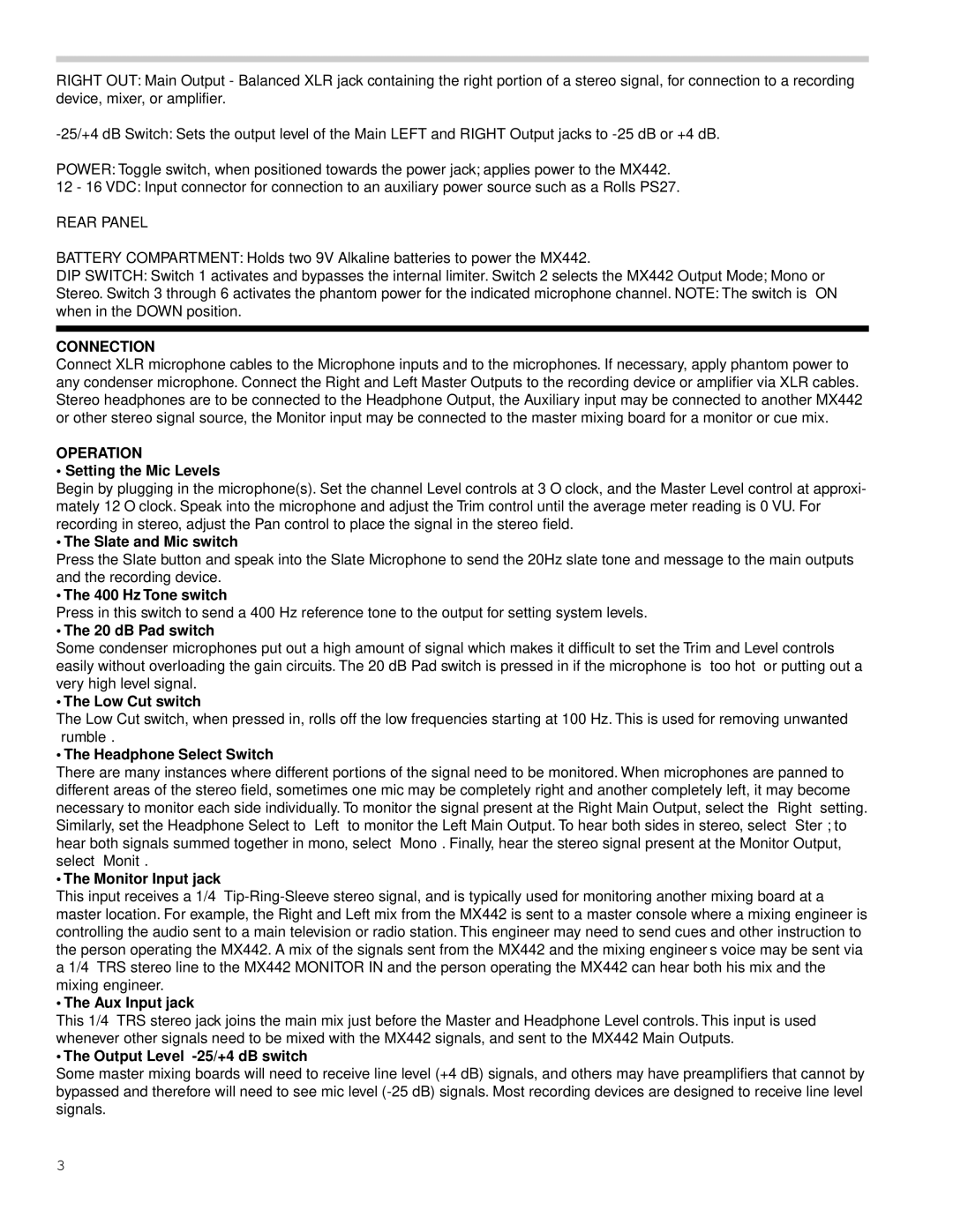 Rolls MX442 owner manual Connection, Operation 