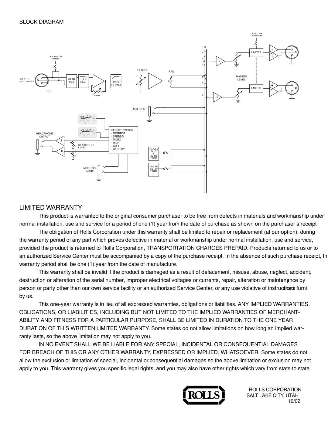 Rolls MX442 owner manual Limited Warranty, Block Diagram 