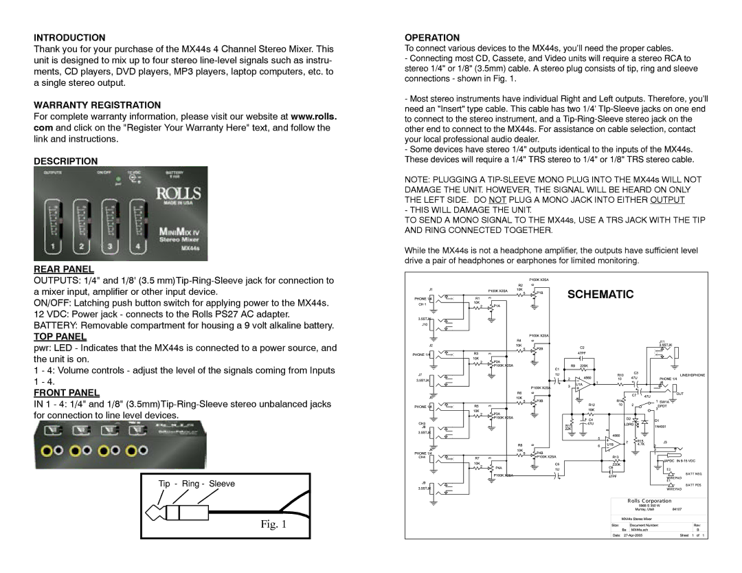 Rolls MX44S owner manual Introduction, Warranty Registration Description Rear Panel, TOP Panel, Front Panel, Operation 