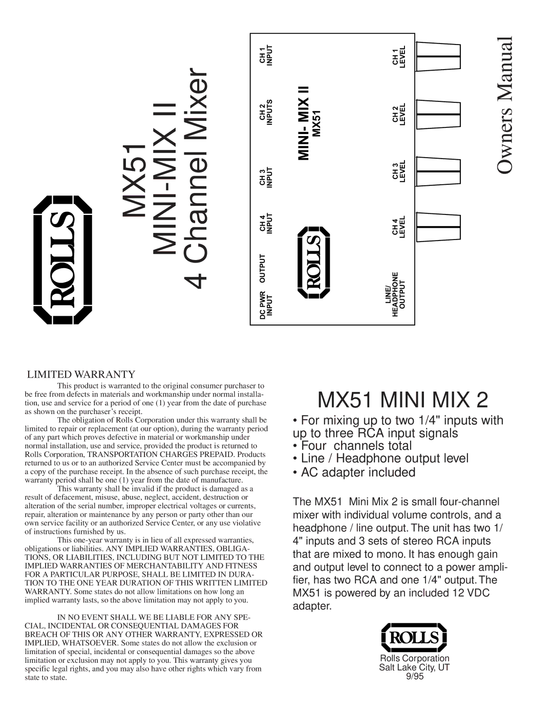 Rolls owner manual MX51 MINI-MIX II 4 Channel Mixer 