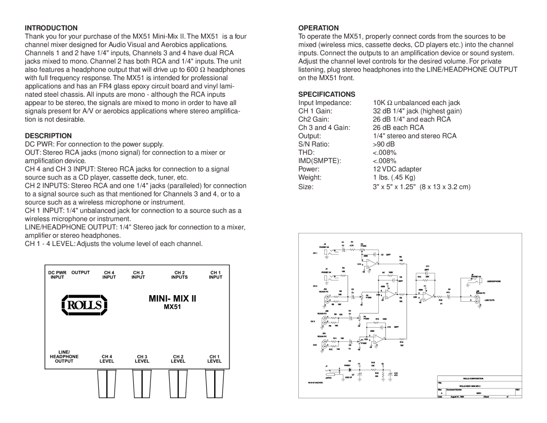 Rolls MX51 owner manual Introduction, Description, Operation, Specifications 