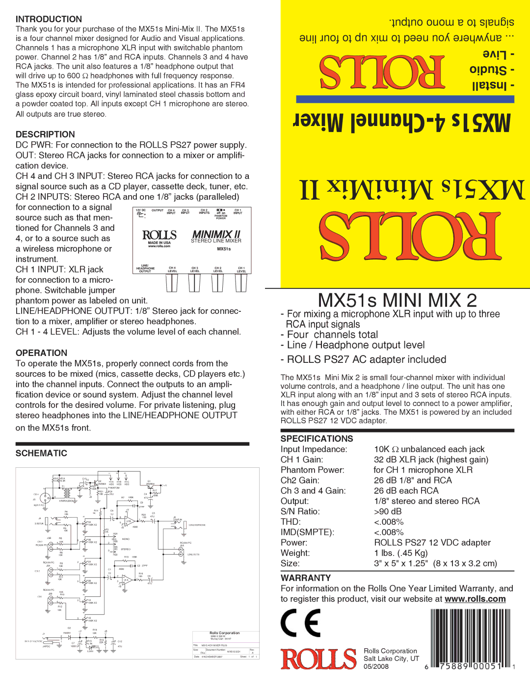 Rolls specifications II MiniMix MX51s, MX51s Mini MIX 