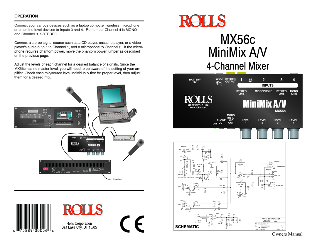 Rolls MX56C owner manual Operation, Rolls Corporation Salt Lake City, UT 10/05, Schematic, MX56c MiniMix A/V, ChannelMixer 