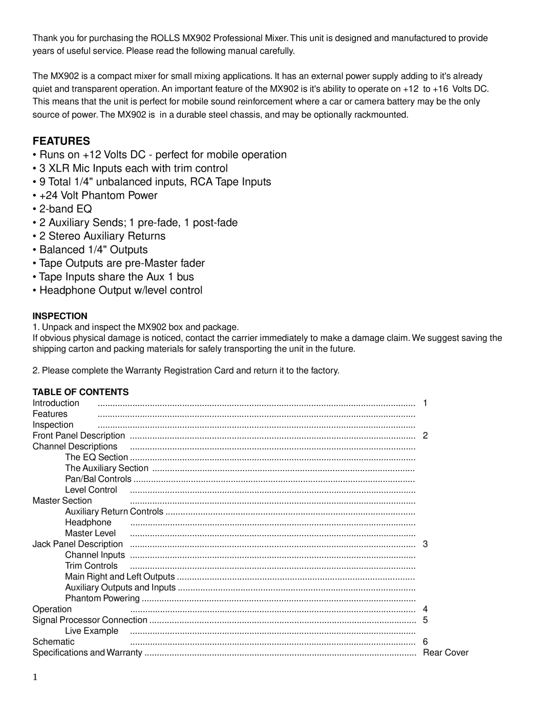 Rolls MX902 owner manual Features, Inspection, Table of Contents 