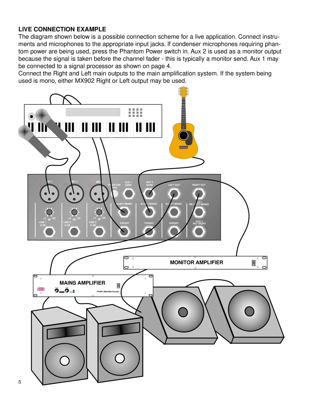 Rolls MX902 owner manual Live Connection Example, Monitor Amplifier Mains Amplifier 