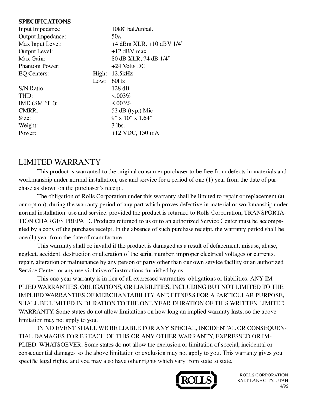 Rolls MX902 owner manual Limited Warranty 